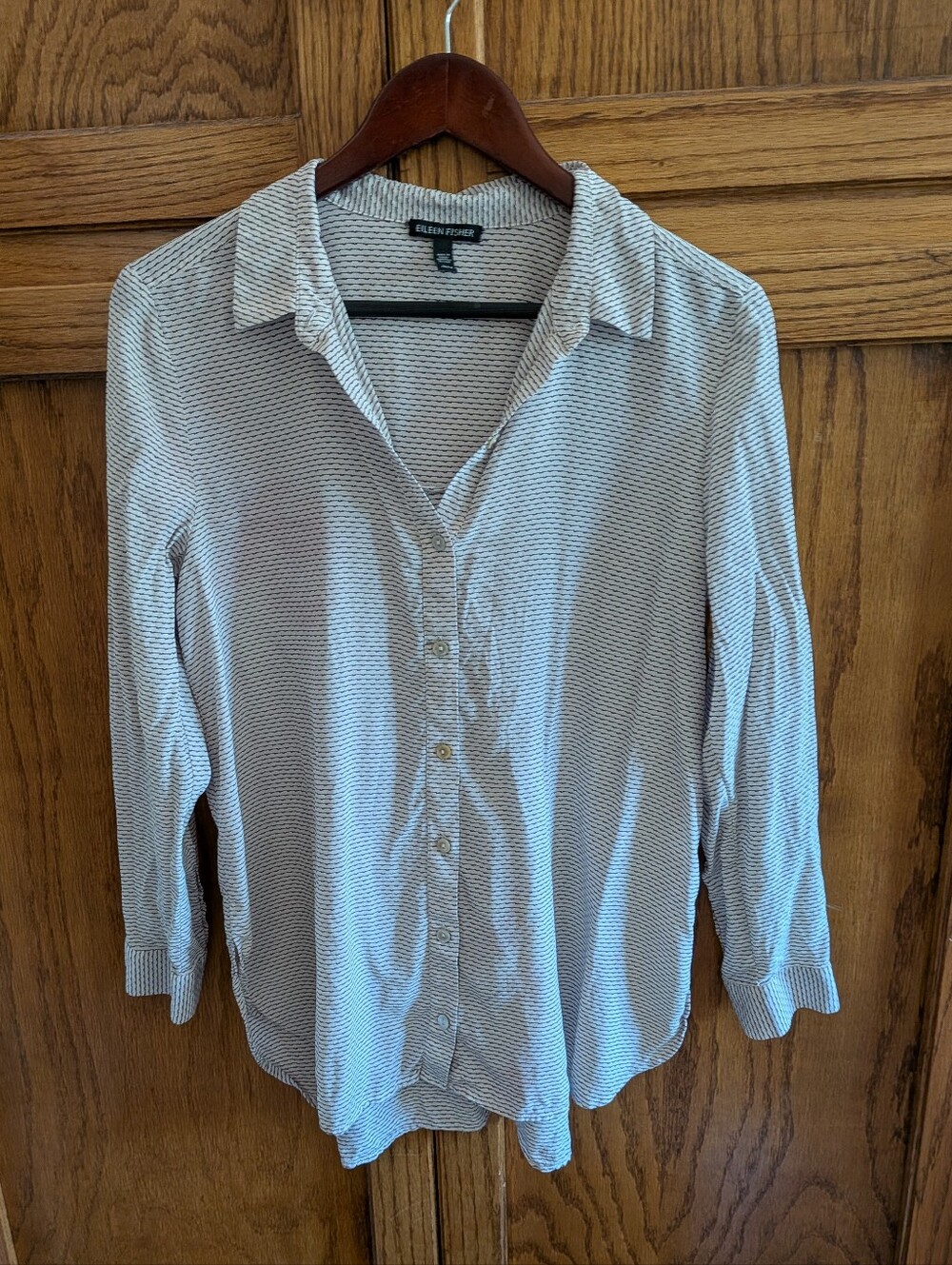 Eileen Fisher 100% Silk White Black Stripe Button Up Long Sleeve Blouse Shirt M